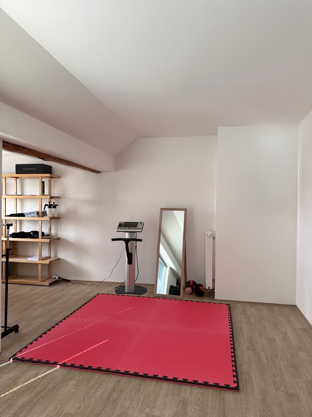 Modern gym interior with exercise equipment and large windows