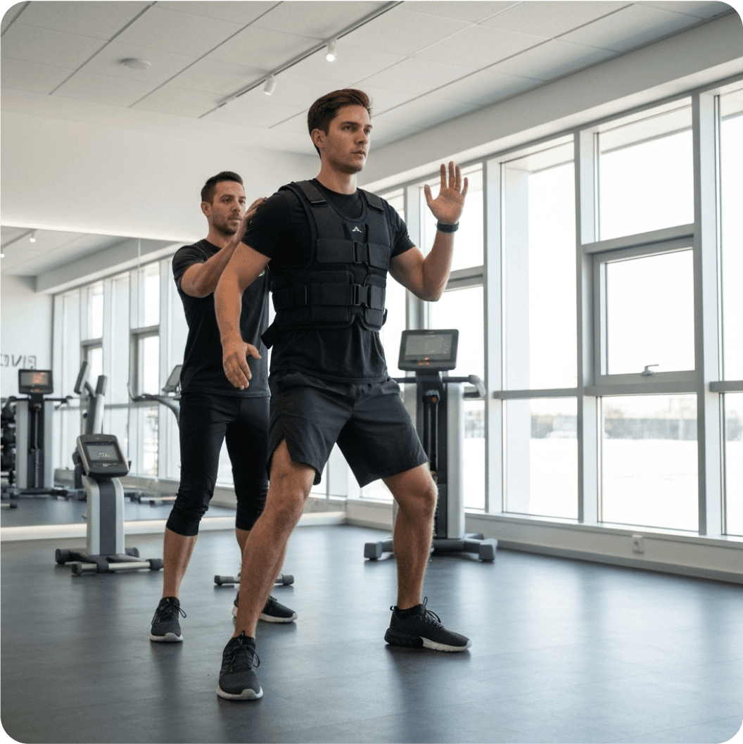 Two men training in a modern gym - personal trainer helping client with exercises